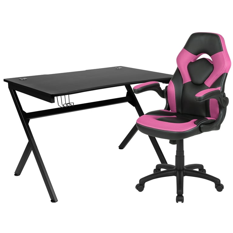 Flash Furniture Optis Black Gaming Desk and Pink Black Racing Chair Set with Cup Holder Headphone Hook 2 Wire Management Holes