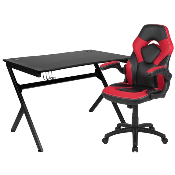 Flash Furniture Optis Black Gaming Desk and Red/Black Racing Chair Set with Cup Holder, Headphone Hook & 2 Wire Management Holes