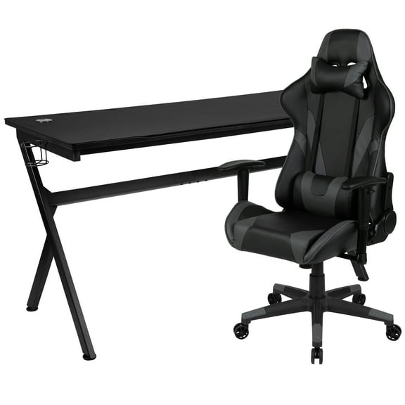 Flash Furniture Optis Gaming Desk and Gray/Black Reclining Gaming Chair Set /Cup Holder/Headphone Hook/Removable Mouse Pad Top - Wire Management