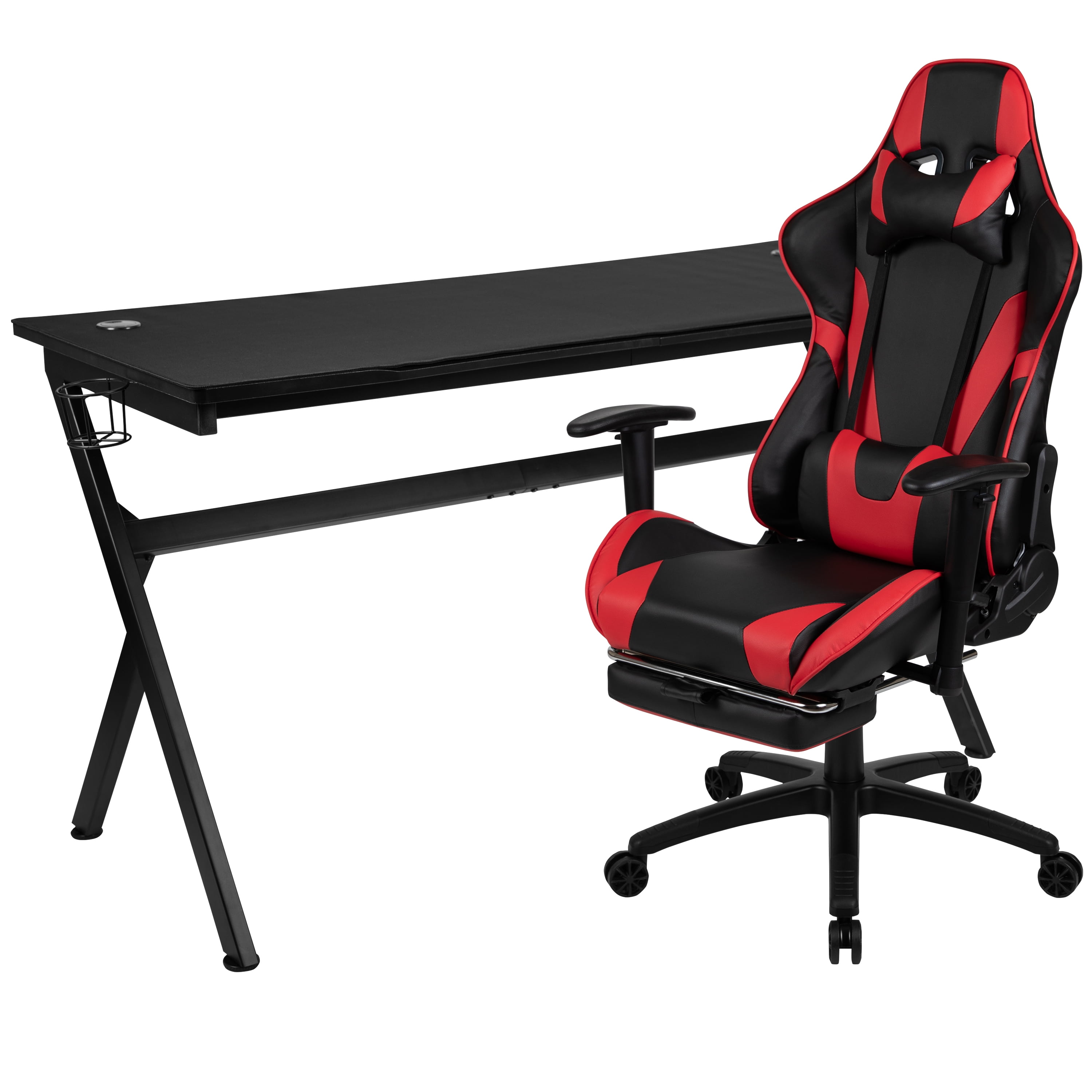 Red Gaming Desk and Black Footrest Reclining Gaming Chair Set with Cup  Holder and Headphone Hook 