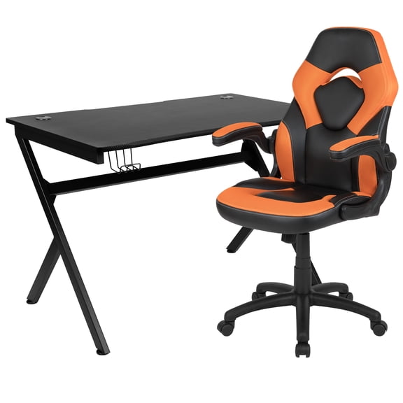 Flash Furniture Optis Modern Gaming Desk and Leathersoft Adjustable Armrest Racing Chair Living Room Set, Orange