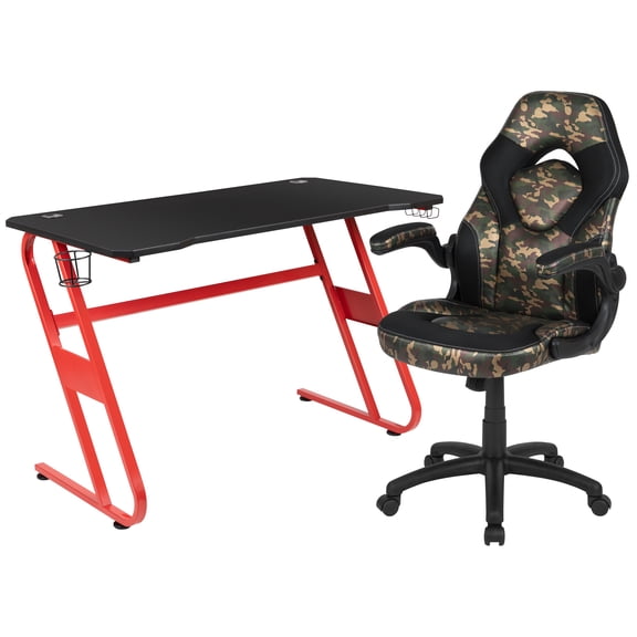 Flash Furniture Optis Red Gaming Desk and Camouflage/Black Racing Chair Set with Cup Holder and Headphone Hook