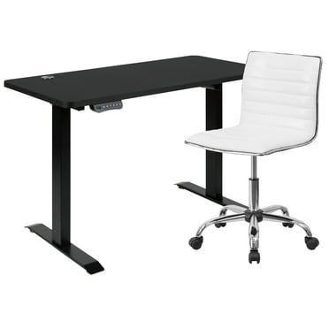 Flash Furniture Park 48" Wide Black Electric Height Adjustable Standing Desk with Designer Armless White Ribbed Swivel Task Office Chair