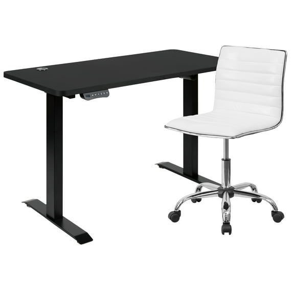 Flash Furniture Park 48" Wide Black Electric Height Adjustable Standing Desk with Designer Armless White Ribbed Swivel Task Office Chair