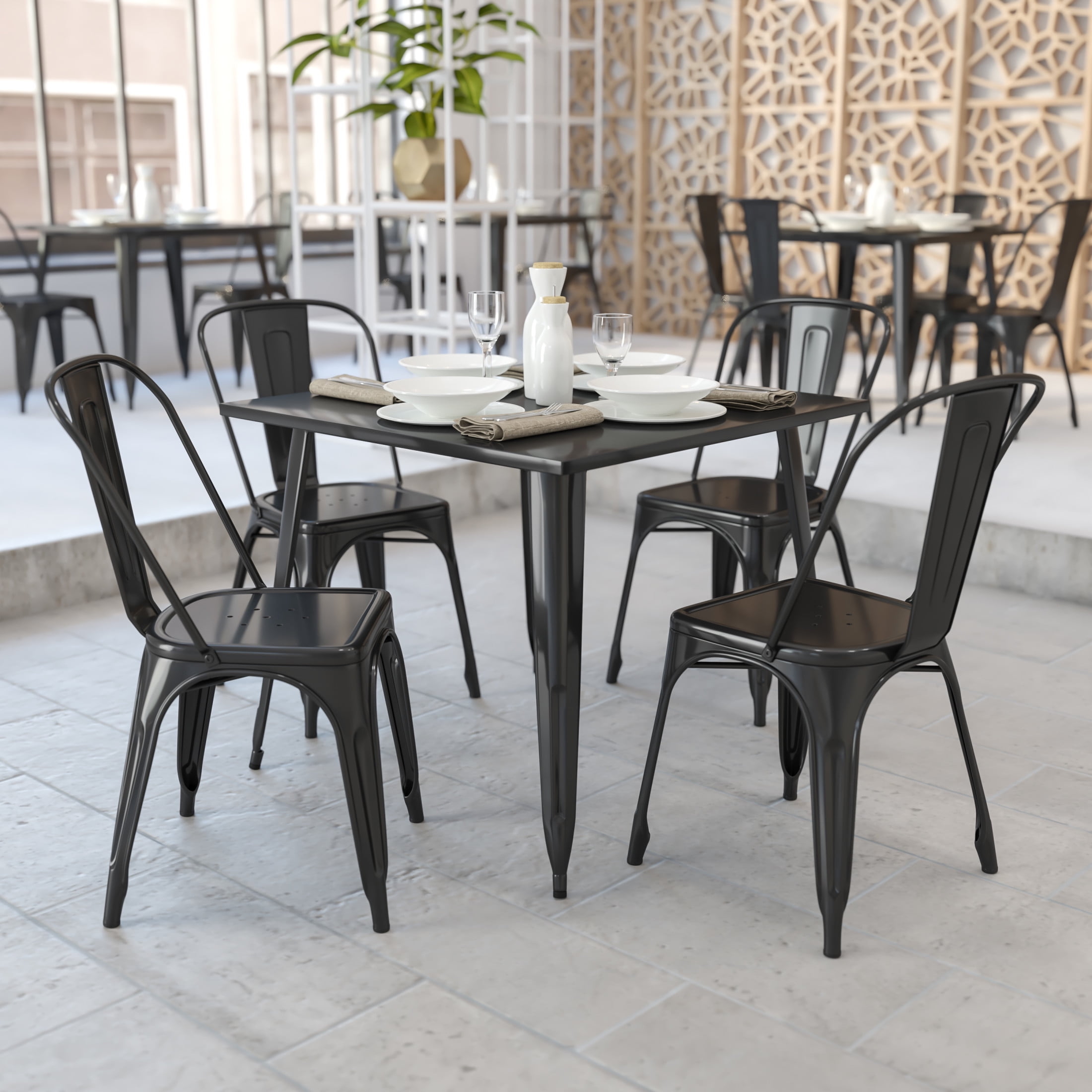 Black Metal Square Indoor-Outdoor Dining Table, 35.5"