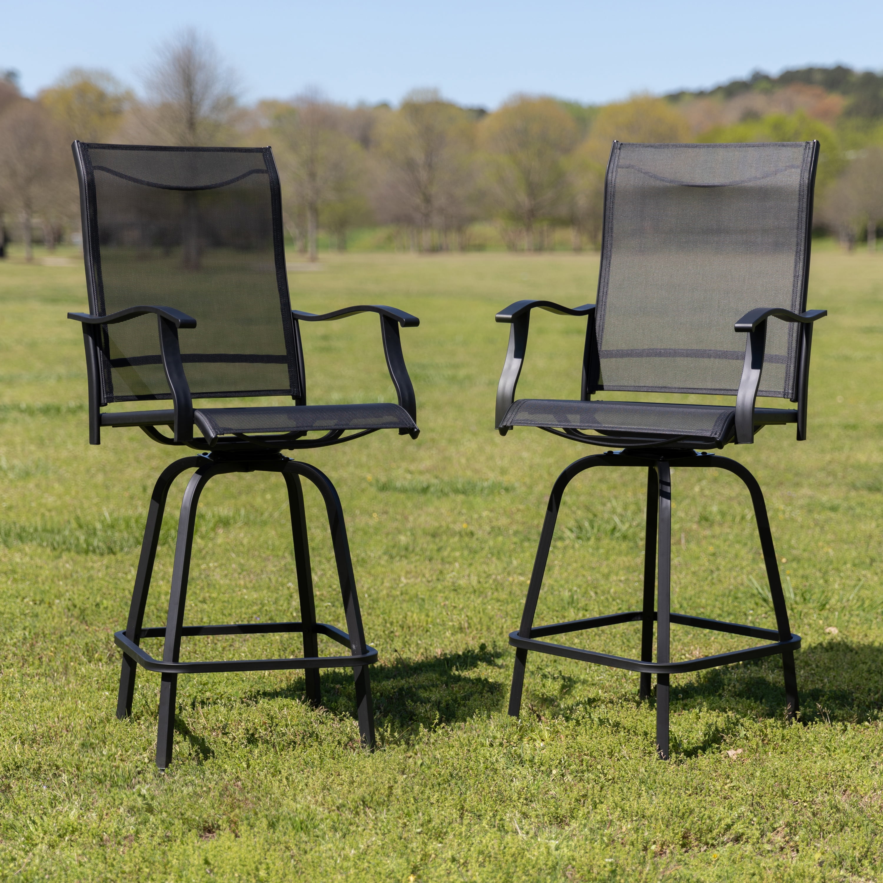 All-Weather Textilene Swivel Patio Bar Stools Set of 2 in Black