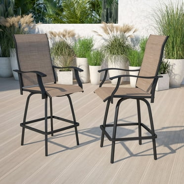 Flash Furniture Patio Bar Height Stools Set of 2, All-Weather Textilene Swivel Patio Stools and Deck Chairs with High Back & Armrests in Brown