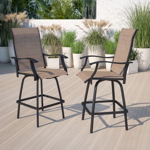 Flash Furniture Patio Bar Height Stools Set of 2, All-Weather Textilene Swivel Patio Stools and Deck Chairs with High Back & Armrests in Brown