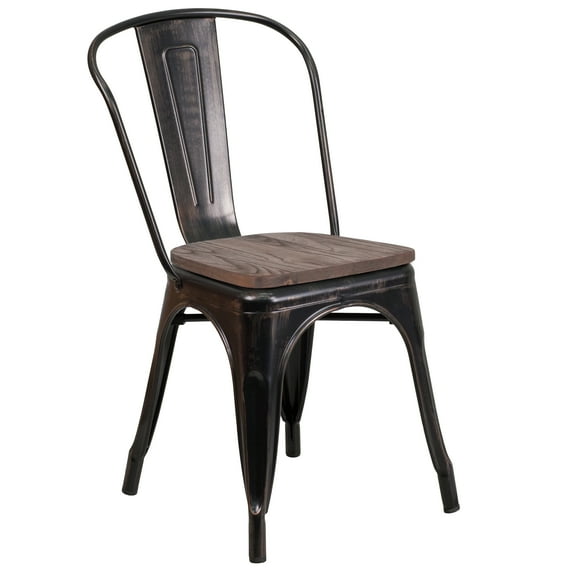 Flash Furniture Perry Black-Antique Gold Metal Stackable Chair with Wood Seat