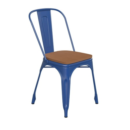 Flash Furniture Perry Commercial Grade Blue Metal Indoor-Outdoor Stackable Chair with Teak Poly Resin Wood Seat