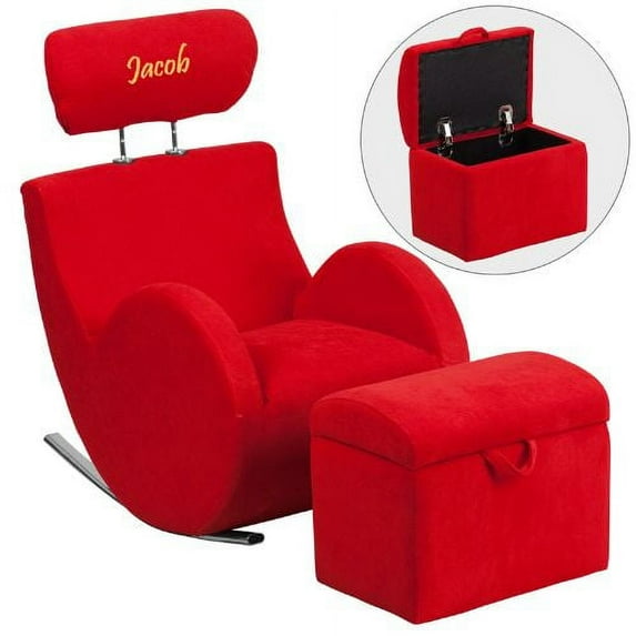 Flash Furniture Personalized HERCULES Series Red-Fabric Rocking Chair with Storage Ottoman