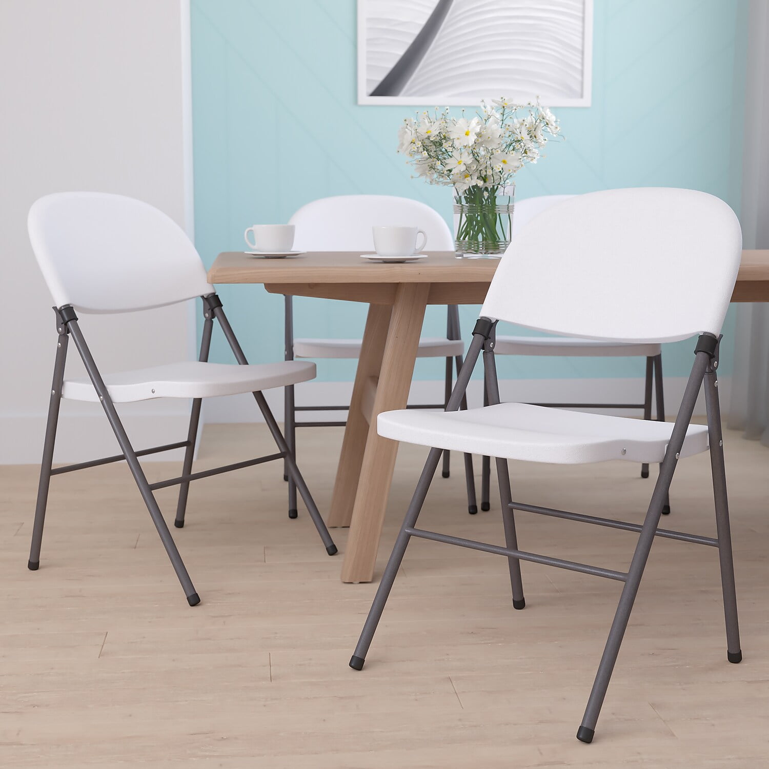 Granite White Plastic Folding Chairs with Gray Metal Frame, Set of 4