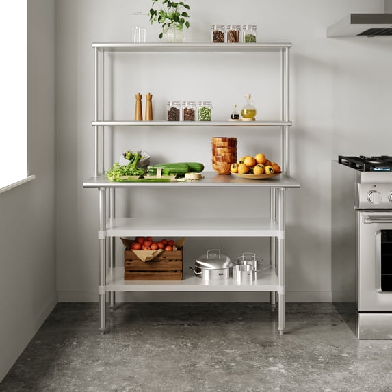 Flash Furniture Portable Prep and Work Table with NSF Certified 18 Gauge Stainless Steel Top Shelf and Double Overshelves, 2 Galvanized Steel Undershelves