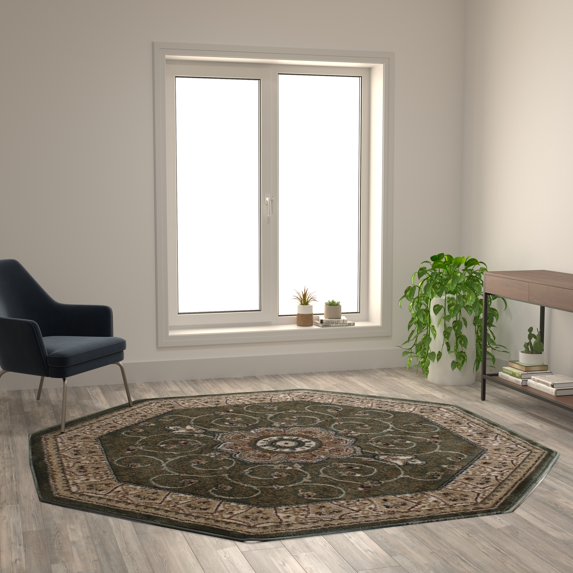 Flash Furniture Portman Collection Octagonal Traditional Beige, Green Area Rug, 7' x 7'