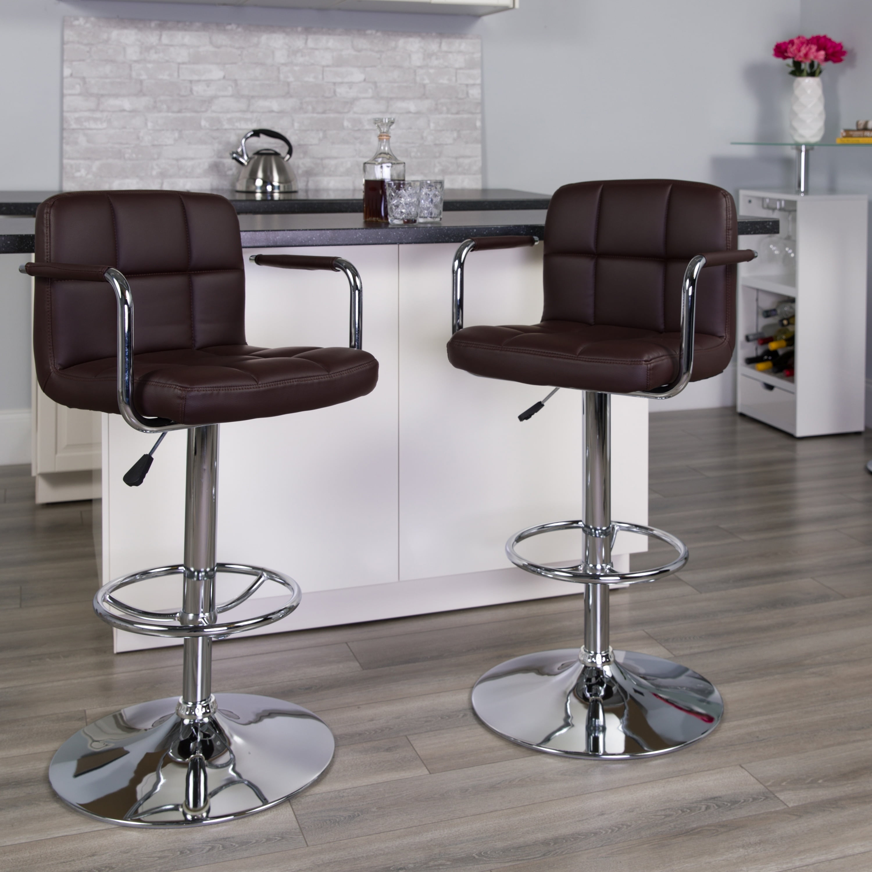 Elegant Adjustable Swivel Bar Stool in Quilted Brown Vinyl