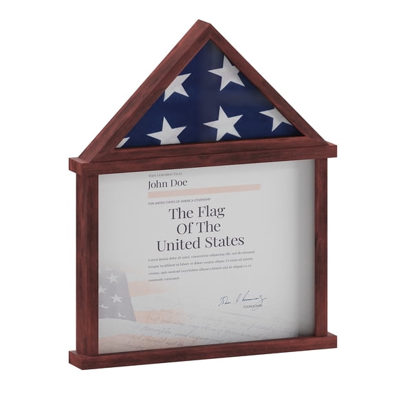 Flash Furniture Quincy Solid Pine Wood Flag and Certificate Display Case 22.5" x 18.5" Mahogany