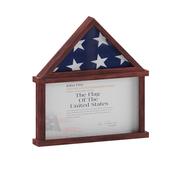 Flash Furniture Quincy Solid Pine Wood Flag and Certificate Display Case 26.5" x 26.5" Mahogany