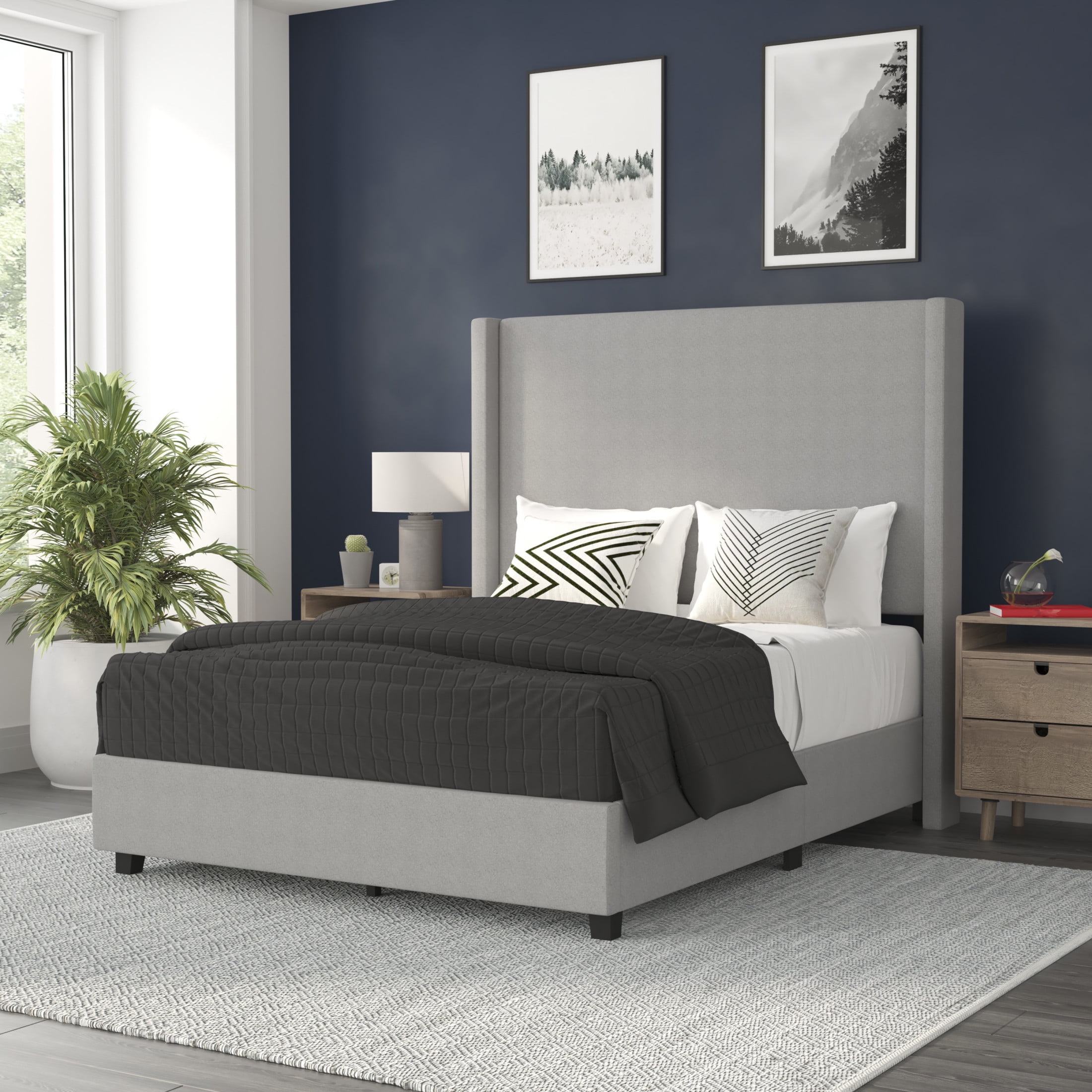 Gray Full Upholstered Platform Bed with Linen Headboard