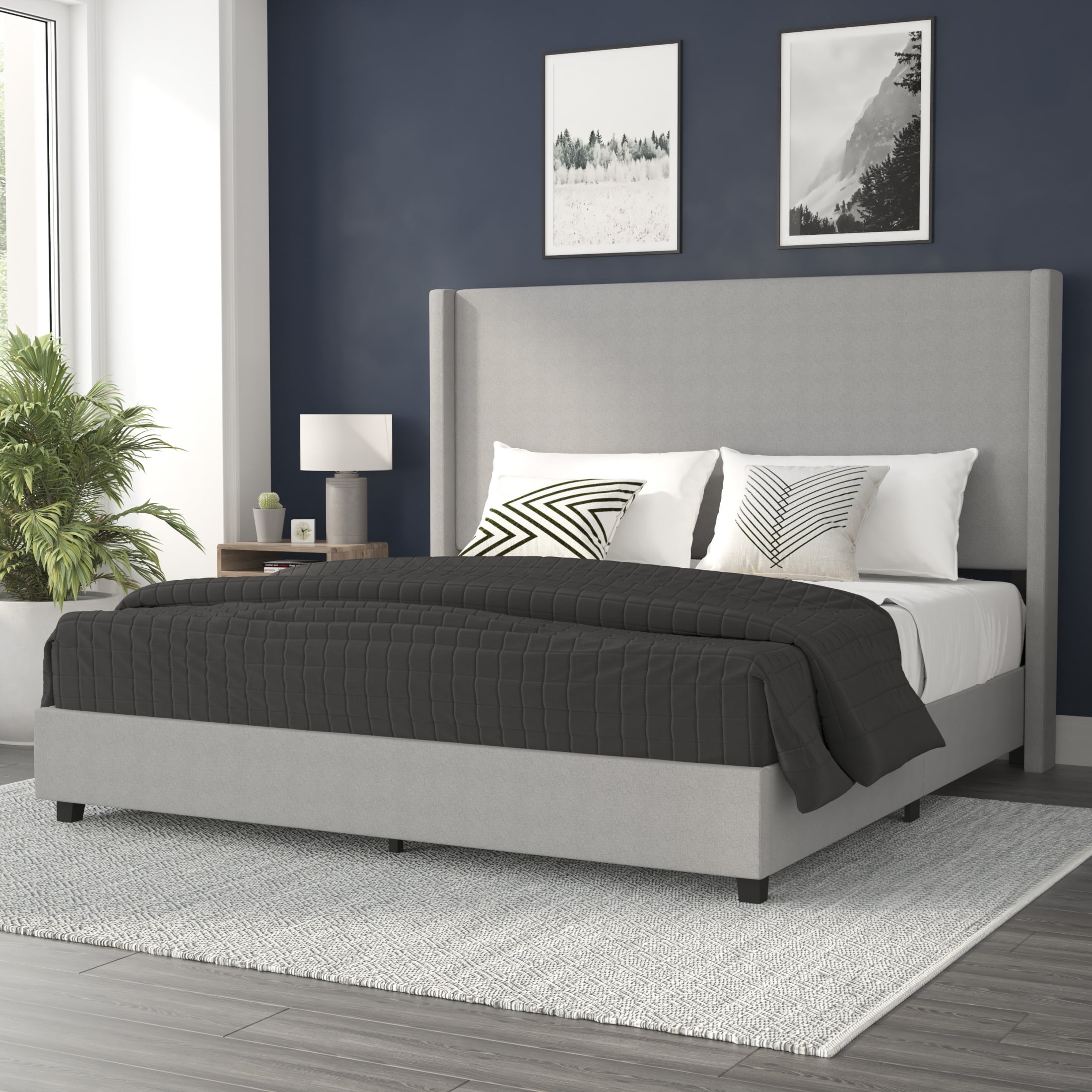Gray King Linen Upholstered Platform Bed with Headboard and Slats