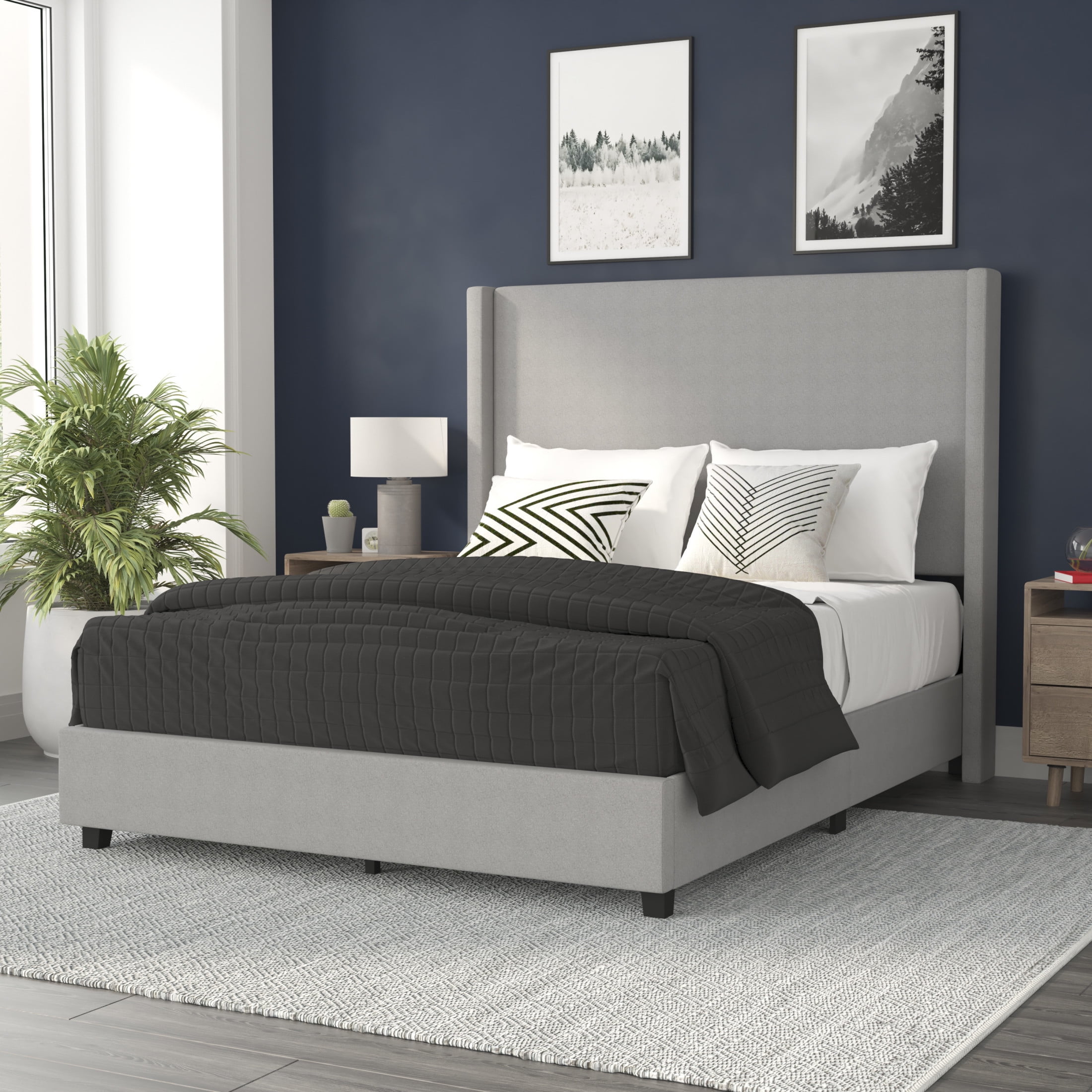 Gray Queen Upholstered Platform Bed with Linen Headboard