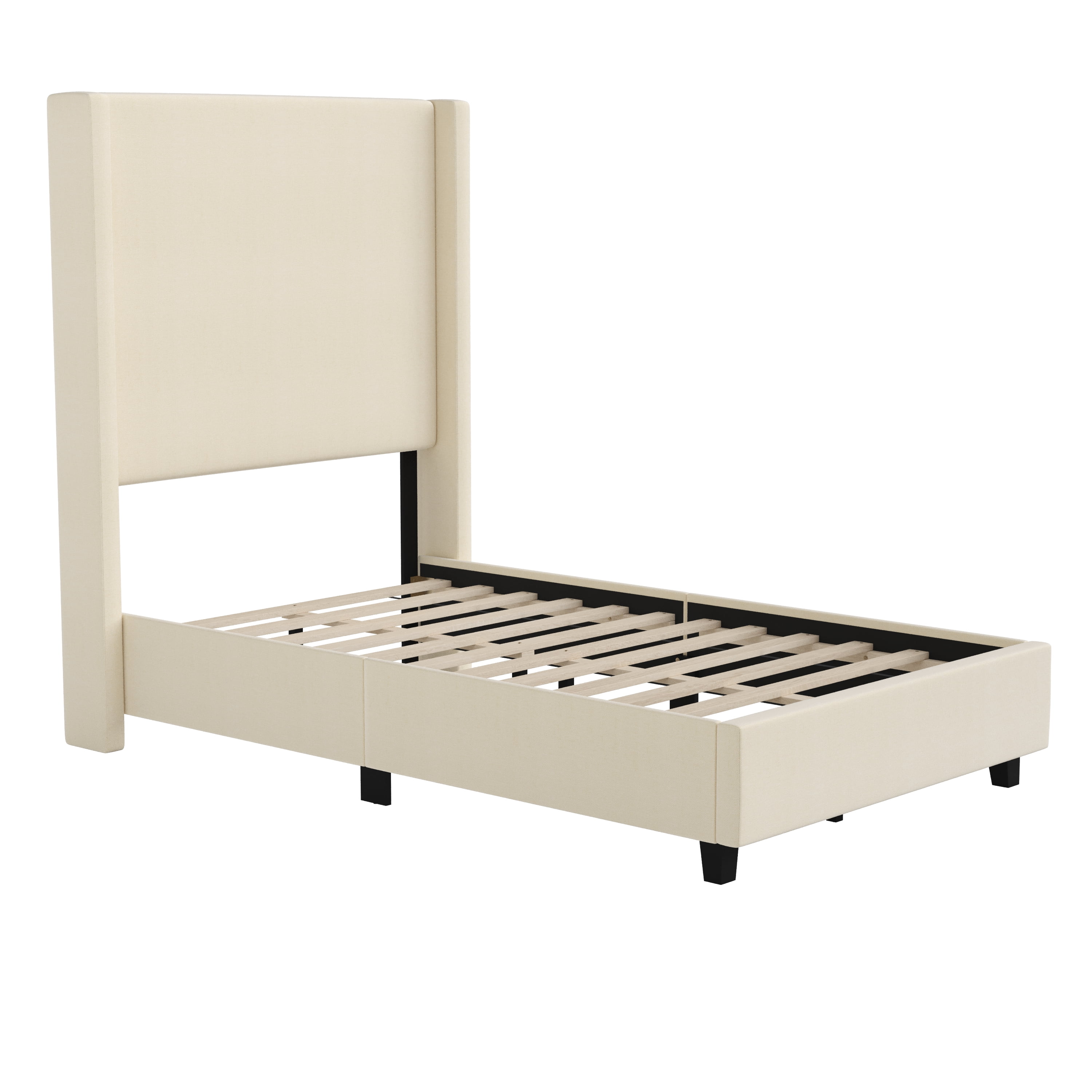 Flash Furniture Quinn Twin Upholstered Platform Bed with Channel Stitched Wingback Headboard, Mattress Foundation with Slatted Supports, No Box Spring Needed, Beige