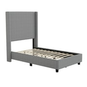 Flash Furniture Quinn Twin Upholstered Platform Bed with Channel Stitched Wingback Headboard, Mattress Foundation with Slatted Supports, No Box Spring Needed, Gray