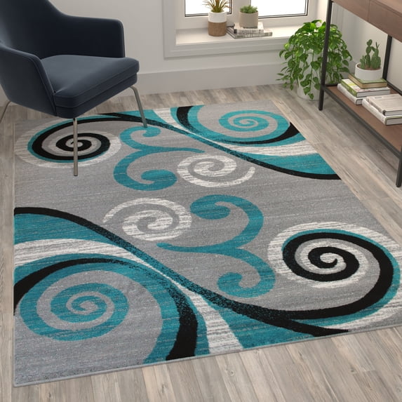 Flash Furniture Raven Rectangular Contemporary Grey, Turquoise Area Rug, 5' x 7'