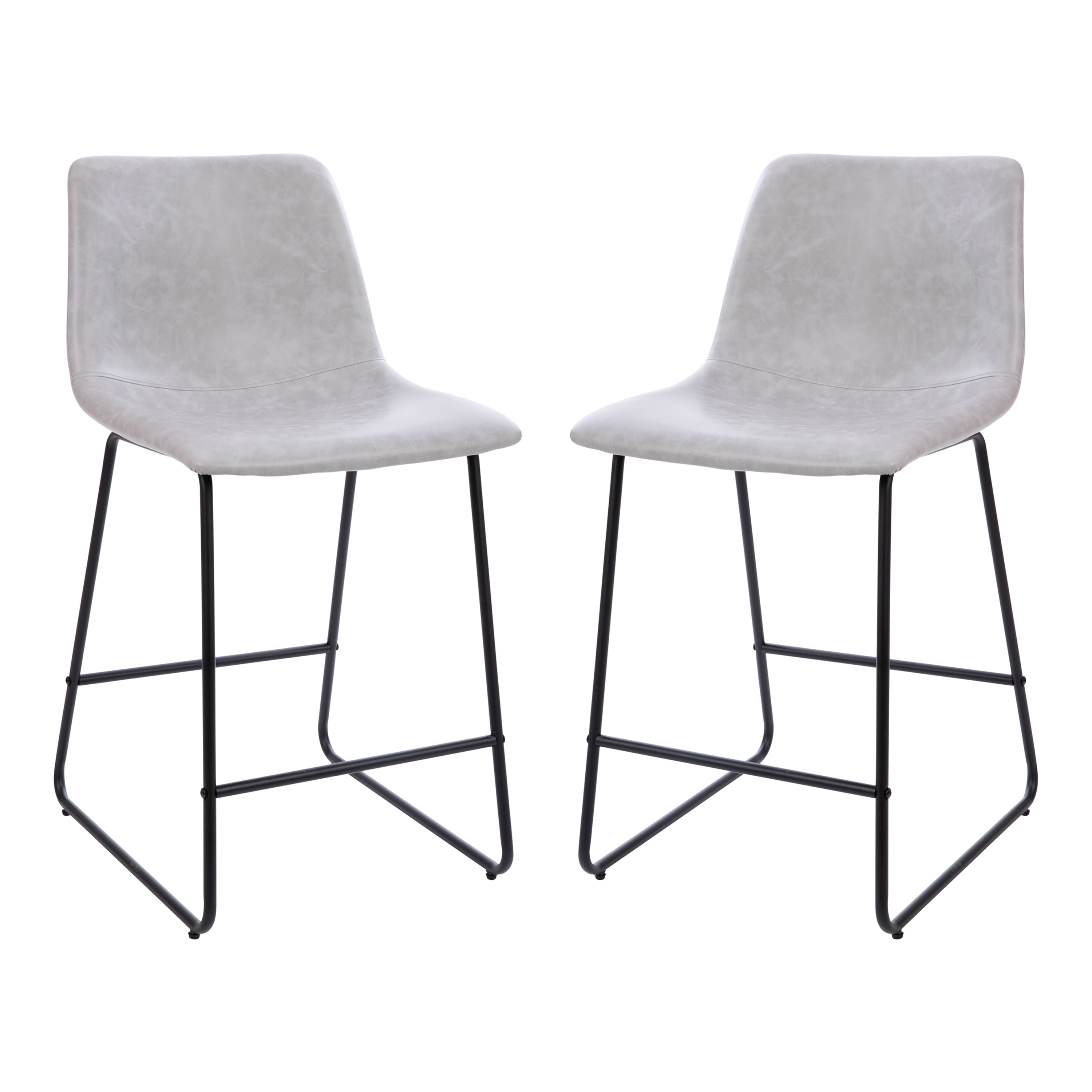 Adjustable Light Gray Leather & Metal Dining Stools, Set of 2