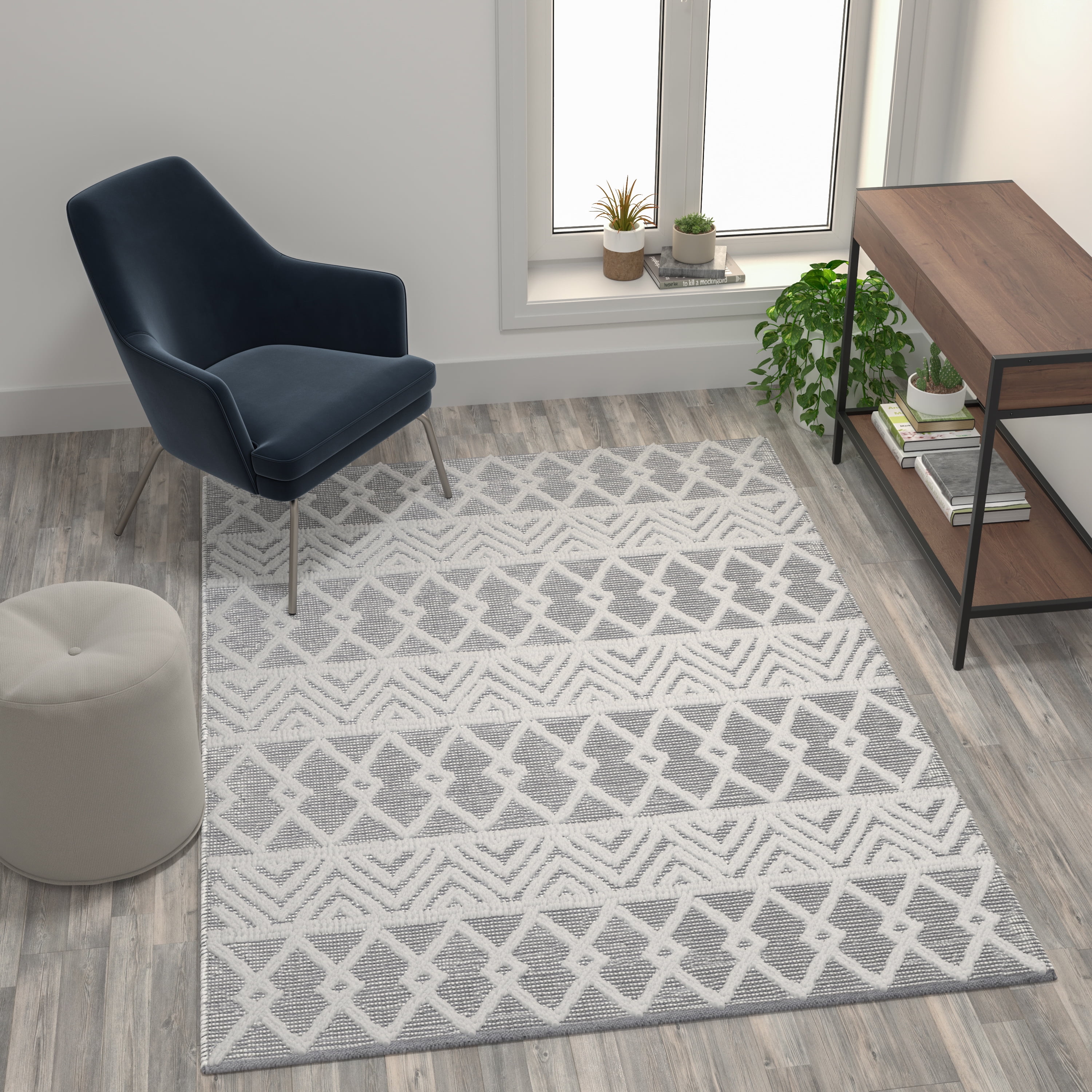 Handmade Geometric Gray Wool-Cotton Blend Area Rug, 5' x 7'
