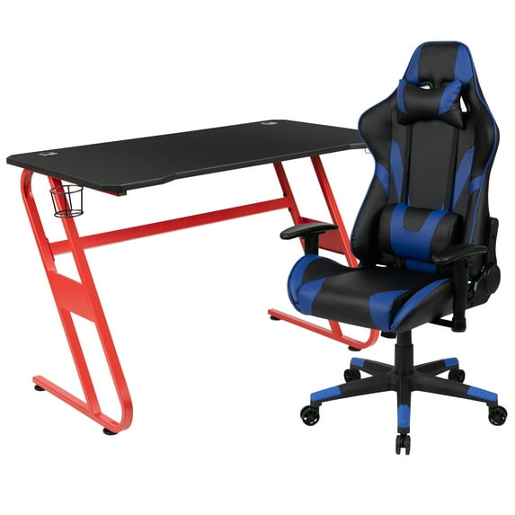 Flash Furniture Red Gaming Desk and Blue Reclining Gaming Chair Set with Cup Holder and Headphone Hook