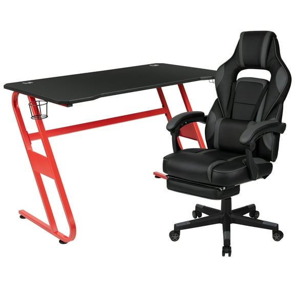 Flash Furniture Red Gaming Desk with Cup Holder/Headphone Hook & Black Reclining Back/Arms Gaming Chair with Footrest