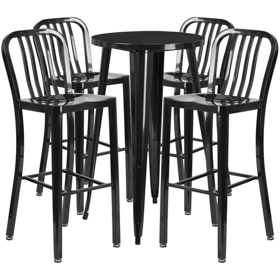 Flash Furniture Richard Commercial Grade 24" Round Black Metal Indoor-Outdoor Bar Table Set with 4 Vertical Slat Back Stools