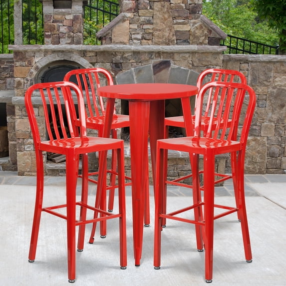 Flash Furniture Richard Commercial Grade 24" Round Red Metal Indoor-Outdoor Bar Table Set with 4 Vertical Slat Back Stools