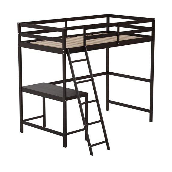 Flash Furniture Riley Loft Bed Frame with Desk, Twin Size Wooden Bed Frame with Protective Guard Rails & Ladder for Kids and Teens - Espresso