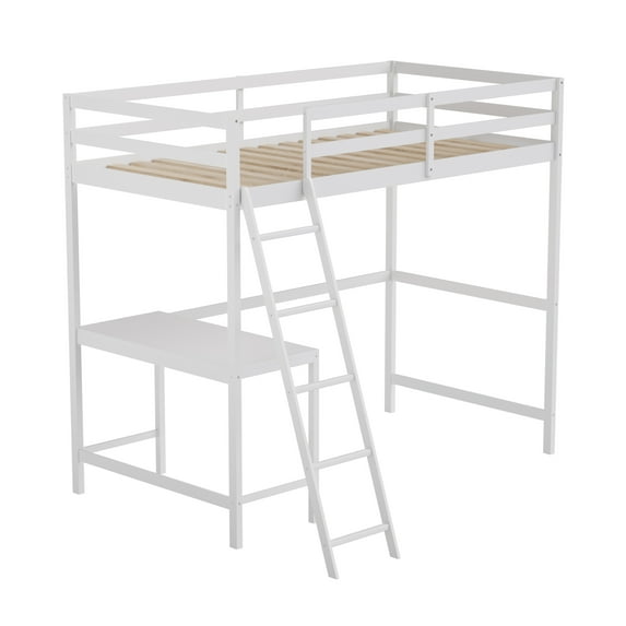 Flash Furniture Riley Loft Bed Frame with Desk, Twin Size Wooden Bed Frame with Protective Guard Rails & Ladder for Kids and Teens - White