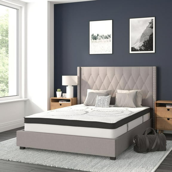 Flash Furniture Riverdale Full Size Tufted Upholstered Platform Bed in Light Gray Fabric with 10 Inch CertiPUR-US Certified Pocket Spring Mattress