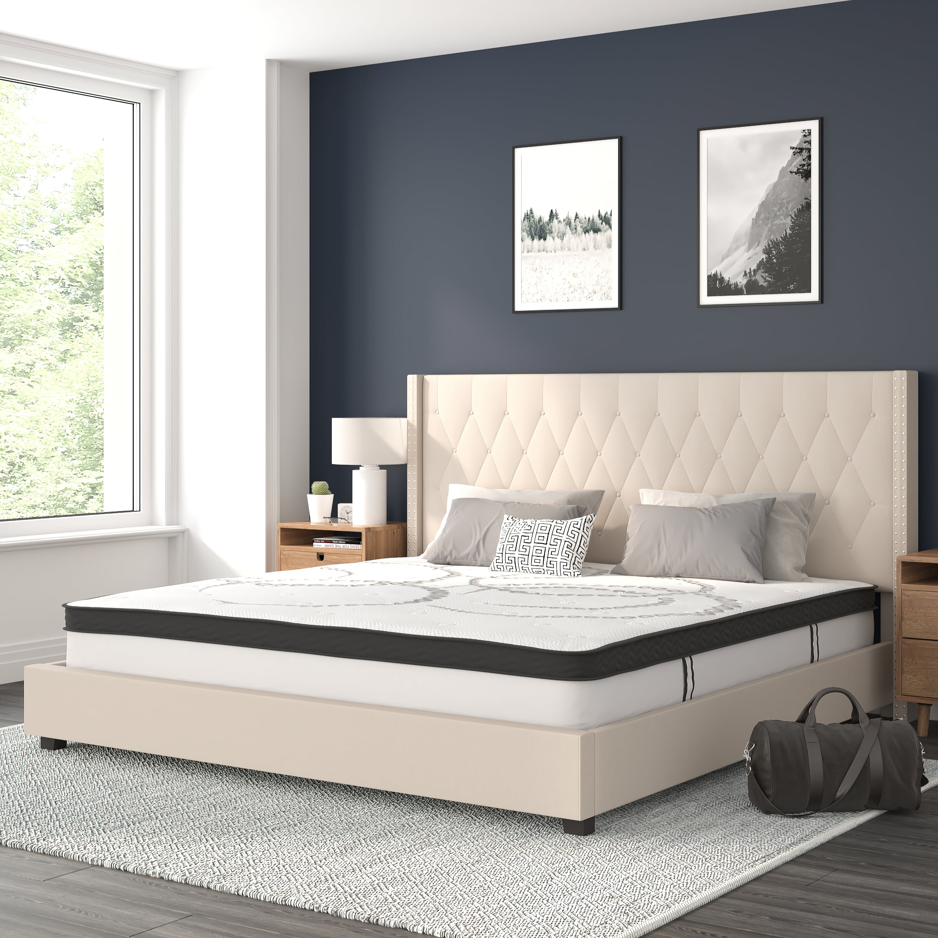 Flash Furniture Riverdale King Size Tufted Upholstered Platform Bed in Beige Fabric with 10 Inch CertiPUR US Certified Pocket Spring Mattress