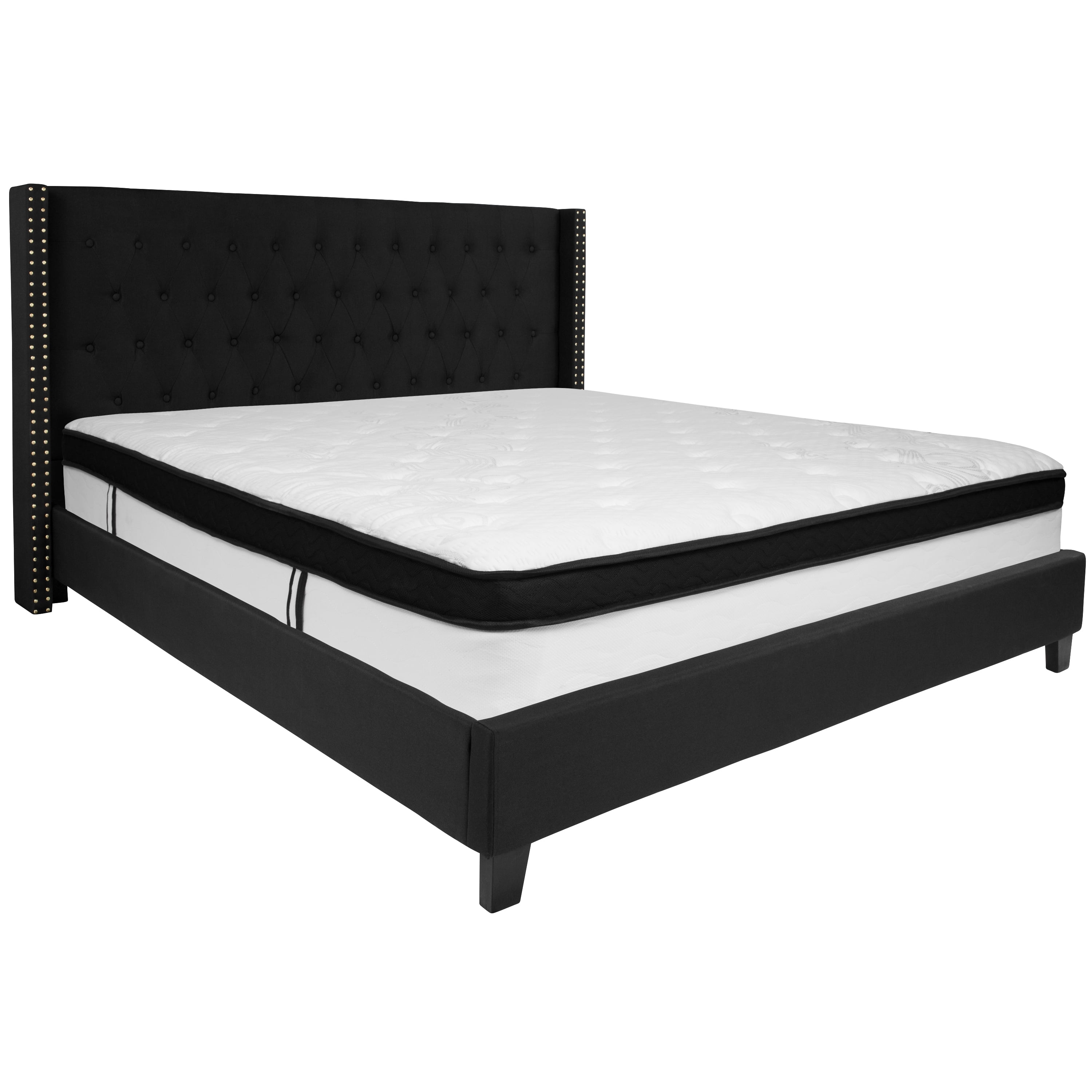Luxurious King Size Black Platform Bed with Tufted Upholstery and Nailhead Trim
