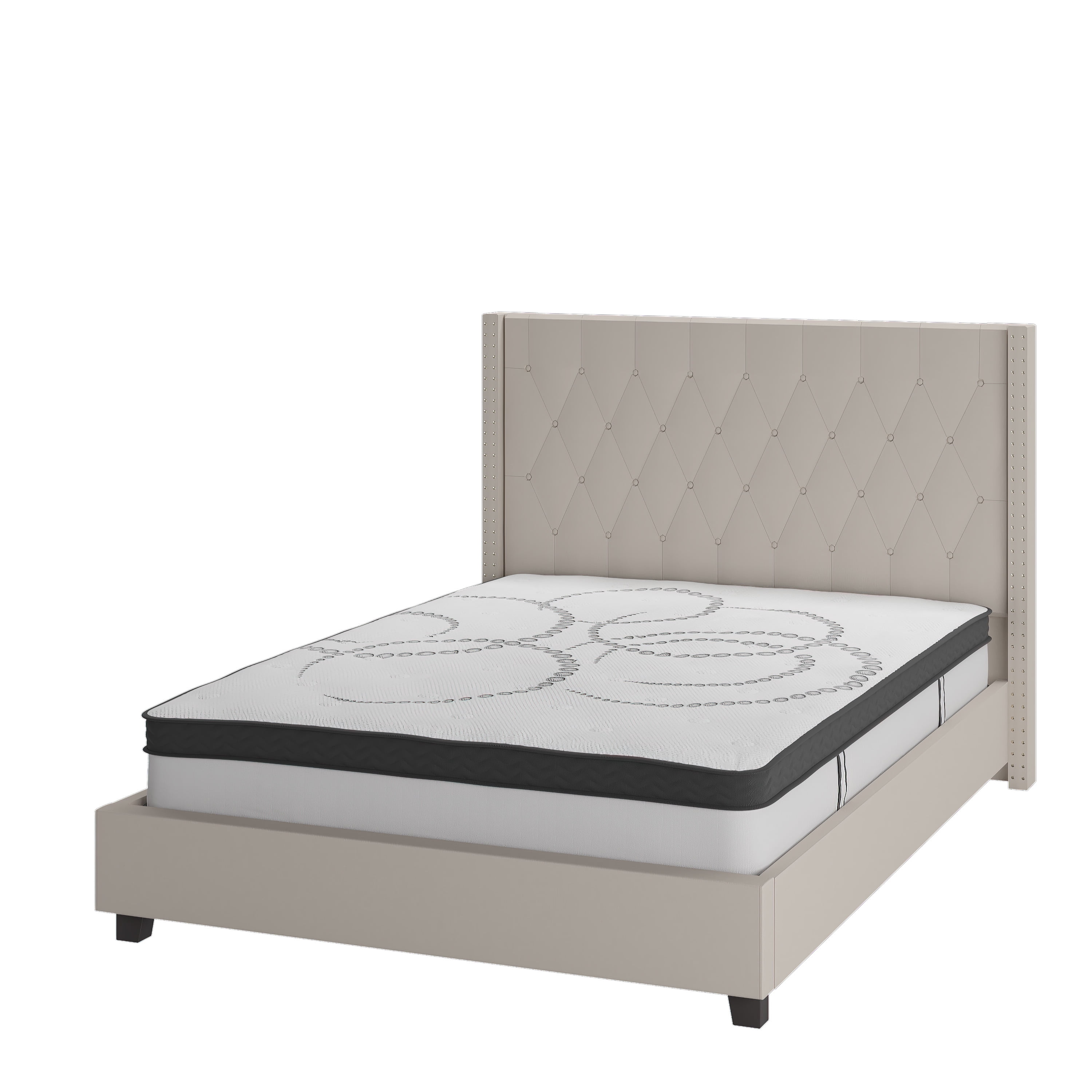 Elegant Beige Queen Platform Bed with Tufted Headboard and Nailhead Trim
