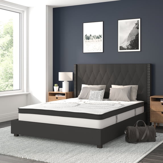 Flash Furniture Riverdale Queen Size Tufted Upholstered Platform Bed in Black Fabric with 10 Inch CertiPUR-US Certified Pocket Spring Mattress