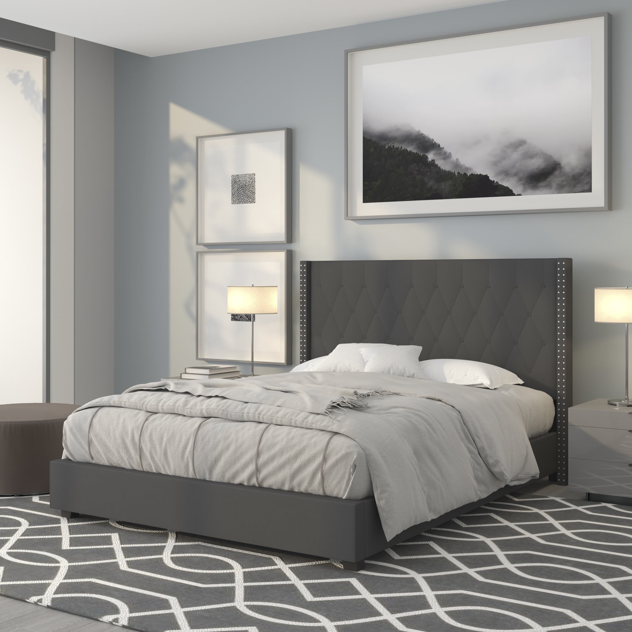 Elegant Dark Gray Queen Upholstered Bed with Nailhead Trim