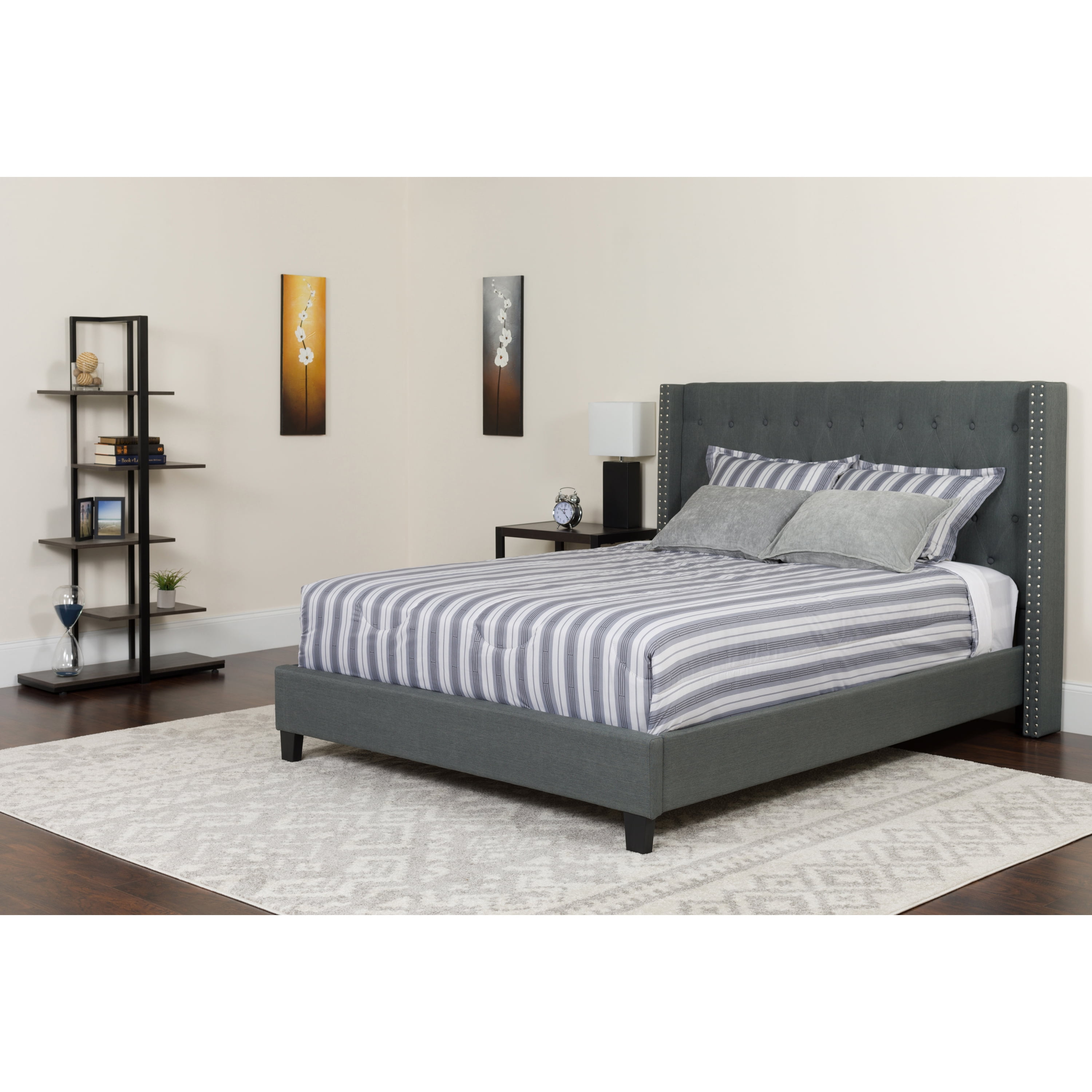 Elegant Dark Gray Queen Upholstered Bed with Nailhead Trim