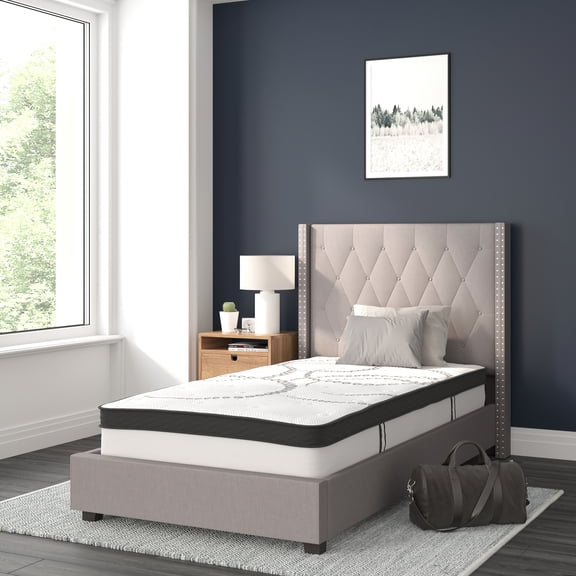 Flash Furniture Riverdale Twin Size Tufted Upholstered Platform Bed in Light Gray Fabric with 10 Inch CertiPUR-US Certified Pocket Spring Mattress