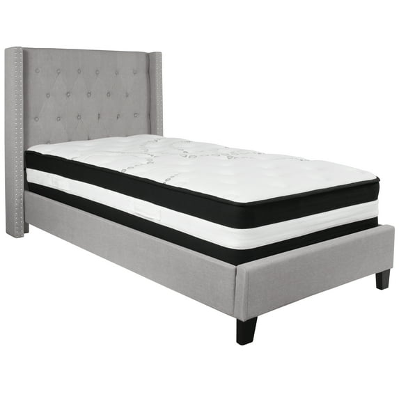 Flash Furniture Riverdale Twin Size Tufted Upholstered Platform Bed in Light Gray Fabric with Pocket Spring Mattress