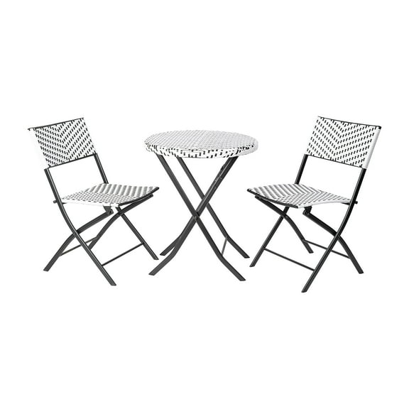 Flash Furniture Rouen Three Piece Commercial Grade Foldable French Bistro Set, Indoor/Outdoor PE Rattan Back, Seat and Table Top, Black/White with Black Steel Frames