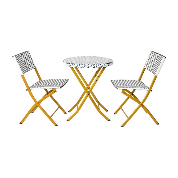 Flash Furniture Three Piece Commercial Grade Foldable Bistro Set, Indoor/Outdoor PE Rattan Back, Seat and Table Top, Navy/White with Natural Steel Frames