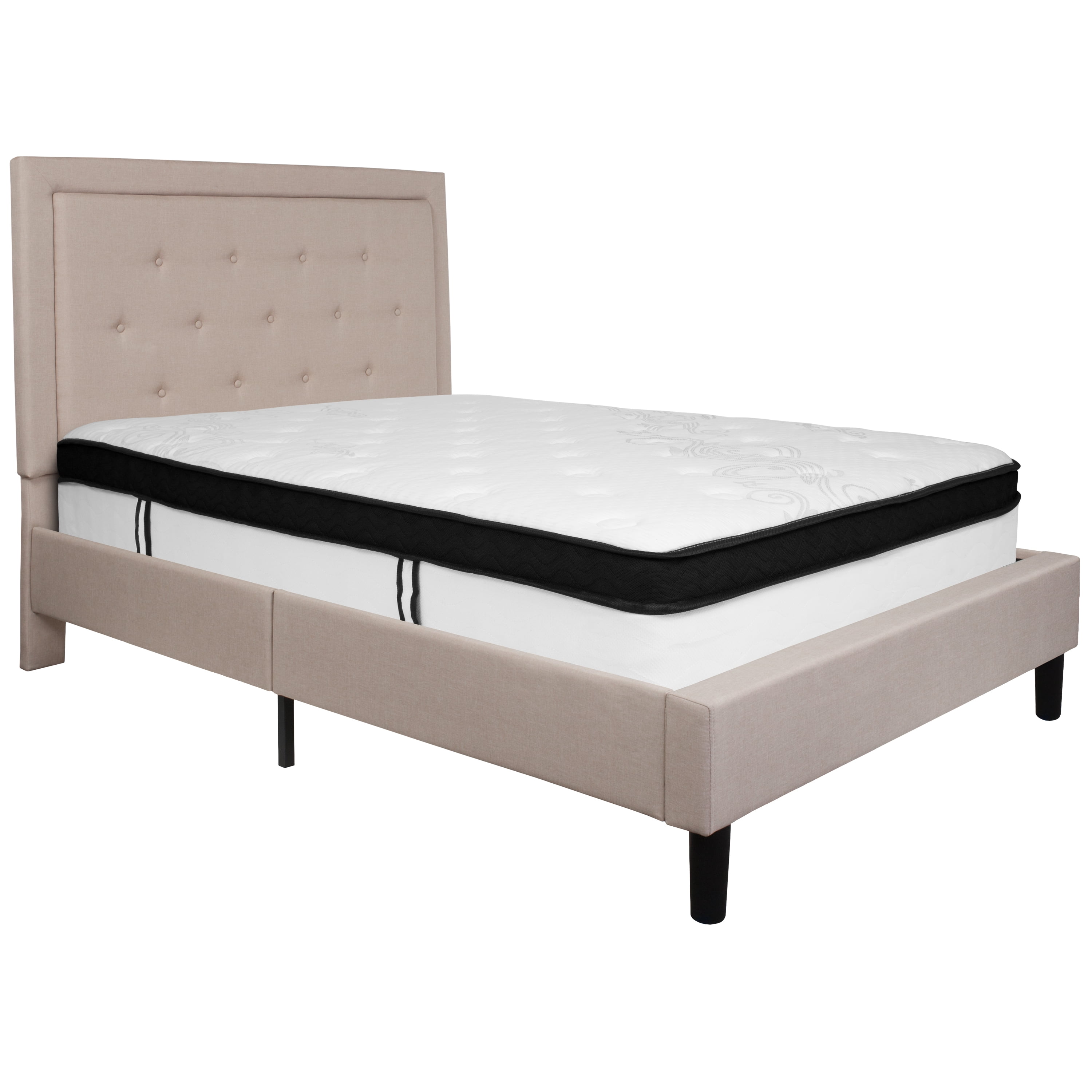 Beige Full Upholstered Platform Bed with Tufted Headboard