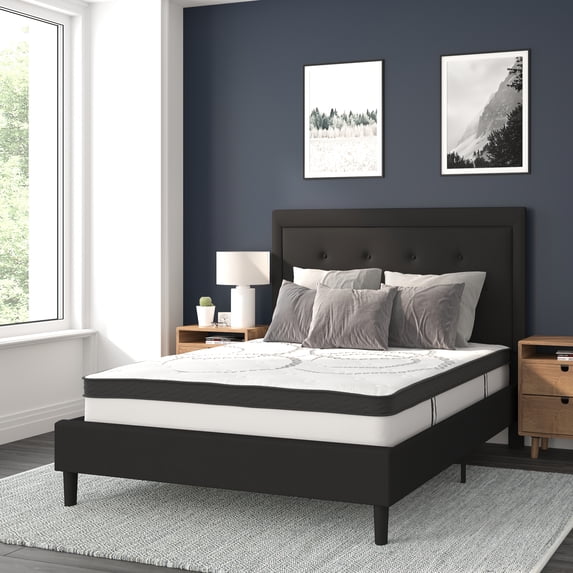 Flash Furniture Roxbury Full Size Tufted Upholstered Platform Bed in Black Fabric with 10 Inch CertiPUR-US Certified Pocket Spring Mattress