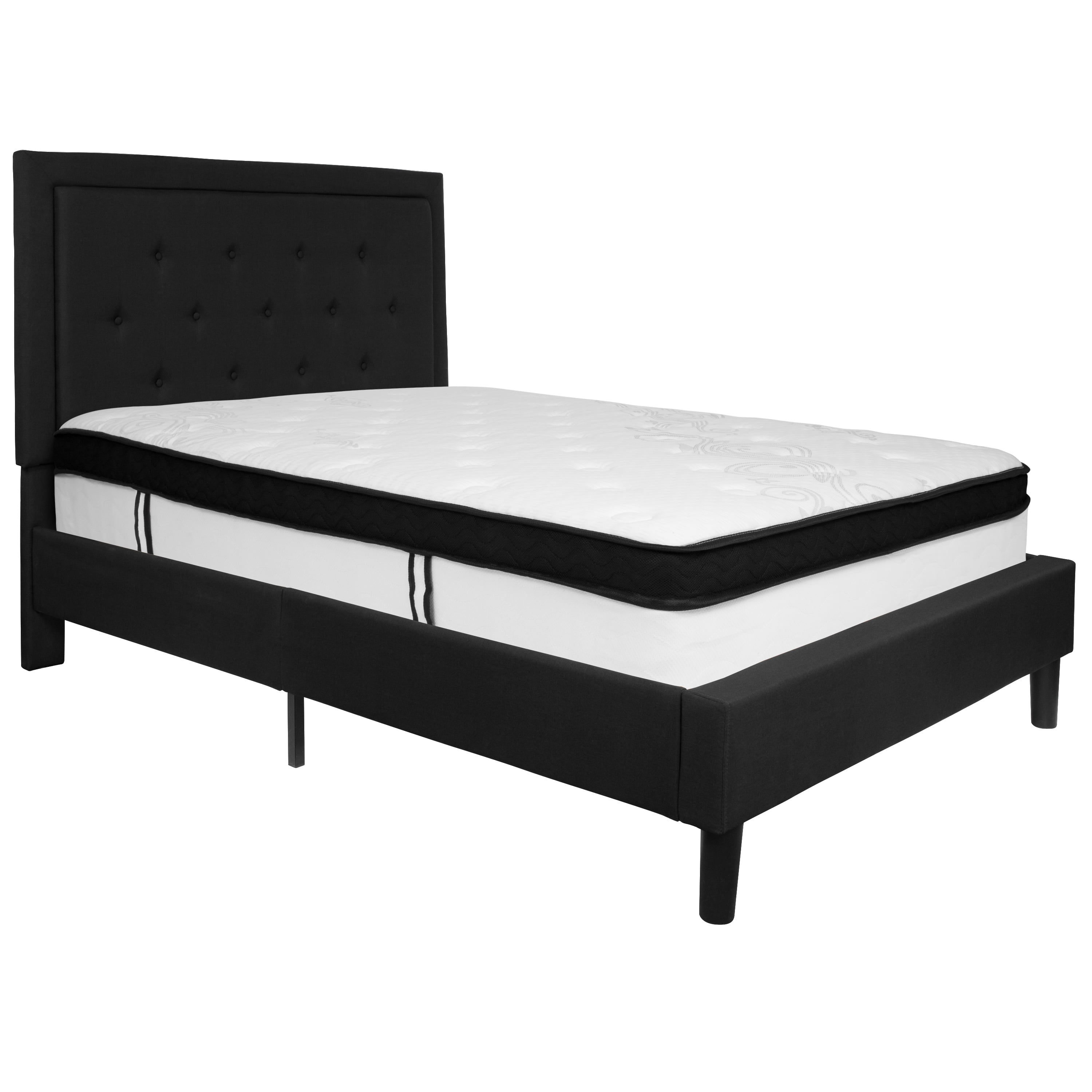 Elegant Full-Size Black Fabric Tufted Platform Bed with Metal Legs