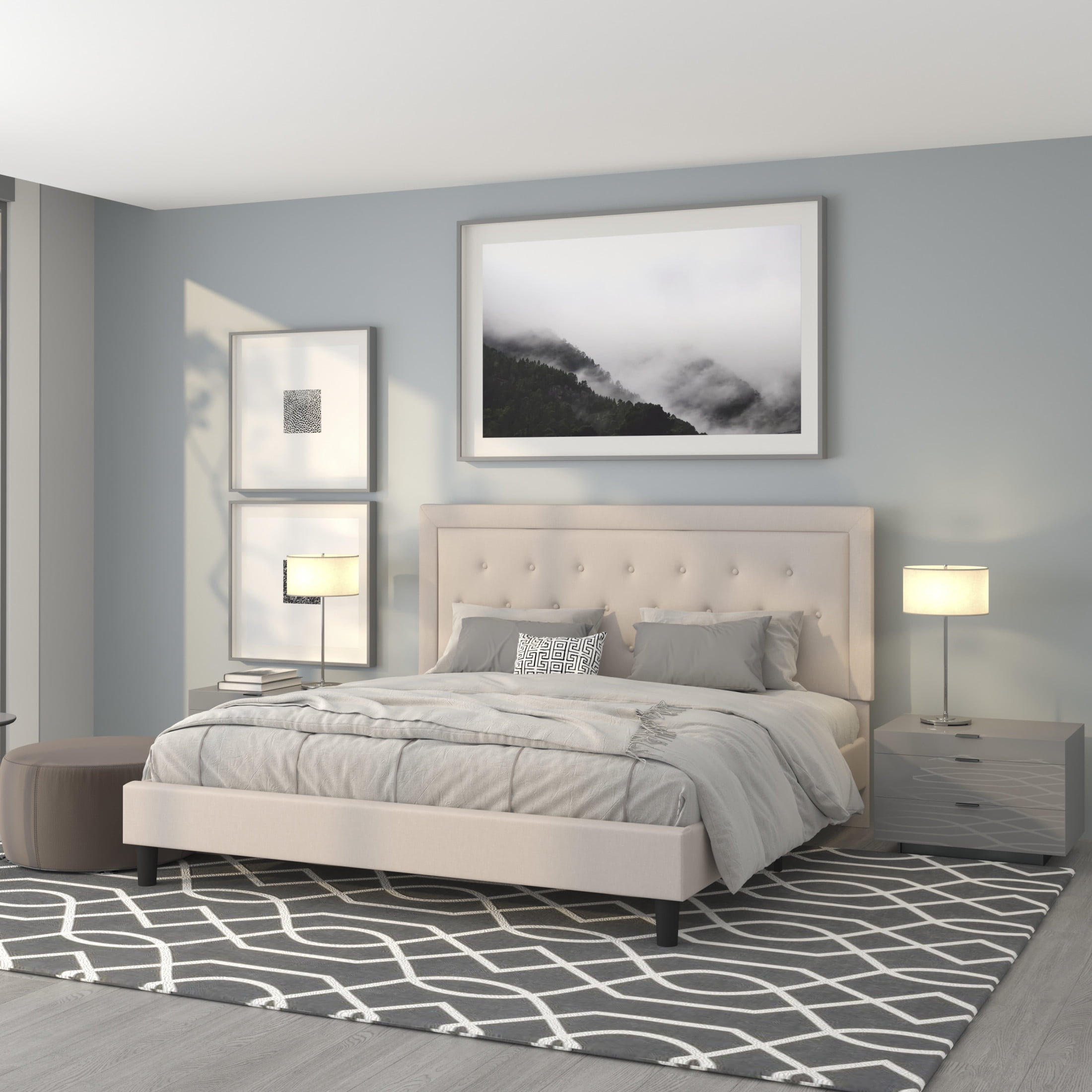 Modern Beige King Size Tufted Upholstered Platform Bed with Slats